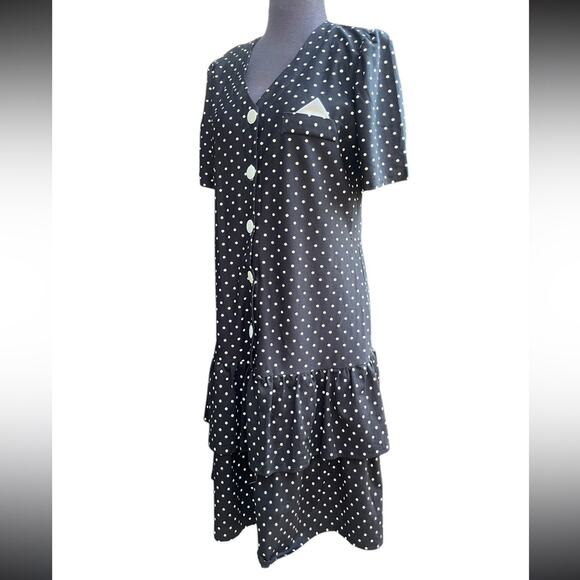 Vtg 90s Black Polka Dot Drop Waist Ruffled Hem Feminine Princess Diana Dress M - Picture 2 of 5